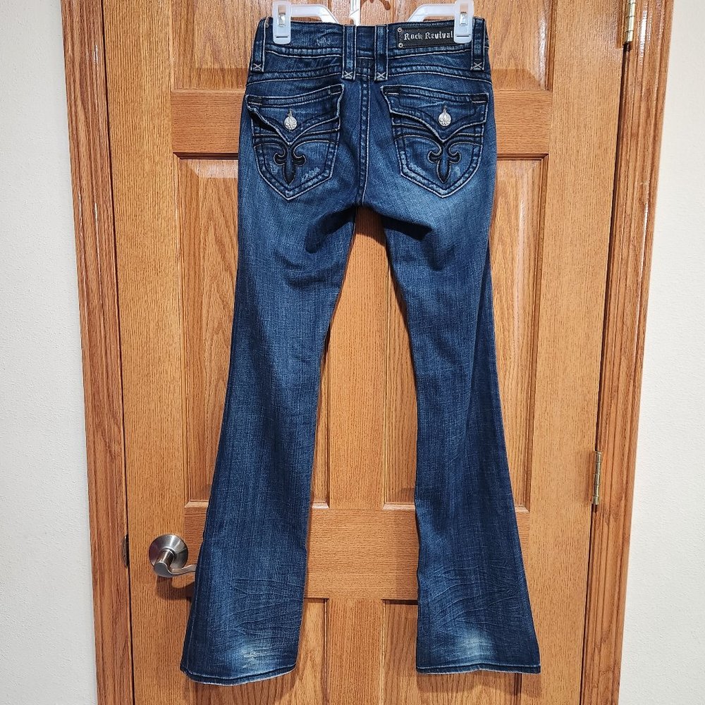 ROCK REVIVAL Women’s 27 Stephanie Bootcut Jeans Flap Pockets Blue Denim EUC